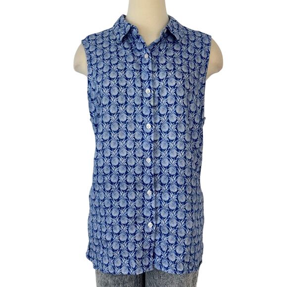 Tommy Bahama Linen Pineapple Print Button Down Sleeveless Blouse Blue White | XL - Picture 1 of 9